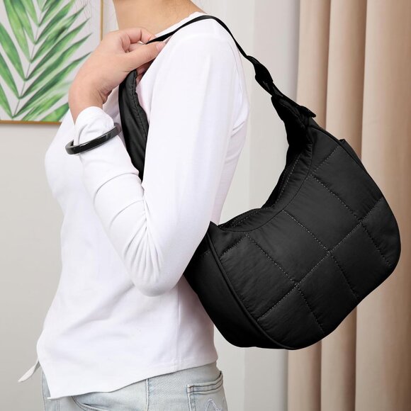 Puffer Crescent Shoulder Bag Women Nylon Quilted Small Crossbody Travel Purse - Picture 6 of 7